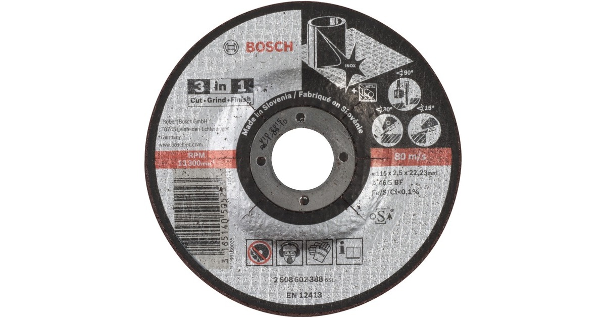 Bosch 3-in-1-Trennscheibe, Ø 115mm(Bohrung 22,23mm, A 46 S BF, gekröpft) Bosch 3-in-1-Trennscheibe, Ø 115mm(Bohrung 22,23mm, A 46 S BF, gekröpft)
