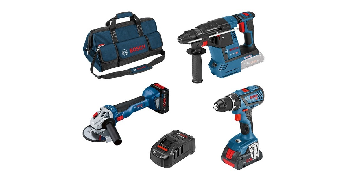 Bosch 3-teiliges 18Volt-Werkzeug-Set, GSR + GWS + GBH, ProCORE(blau, 2x Li-Ion Akku ProCORE18V (1x 8,0Ah, 1x 4,0Ah))