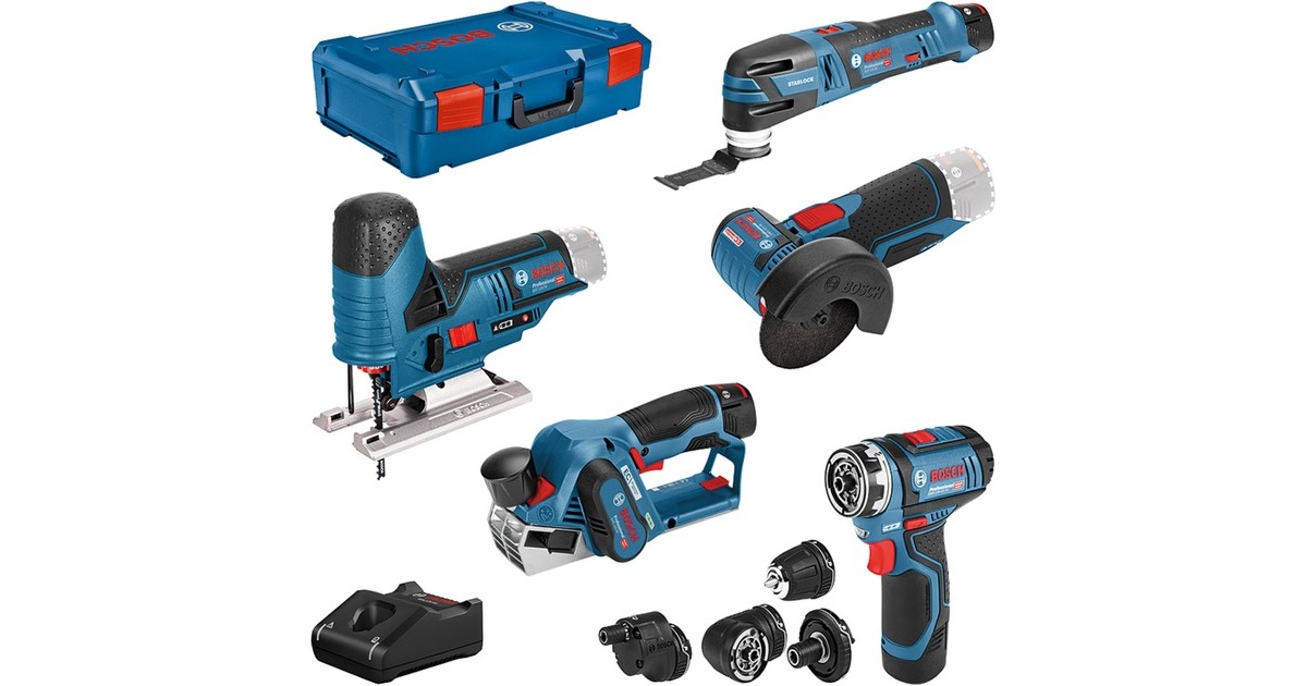 Bosch 5-teiliges 12Volt-Werkzeug-Set, GSR + GOP + GHO + GWS + GST(blau, 3x Li-Ionen Akku, XL-BOXX)