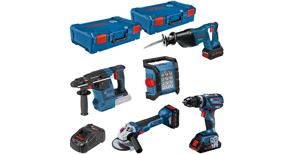 Bosch 5-teiliges 18Volt-Werkzeug-Set, GSB + GWS + GBH + GSA + GLI, ProCORE(blau, 3x Li-Ion Akku ProCORE18V, 2 XL-BOXXen)