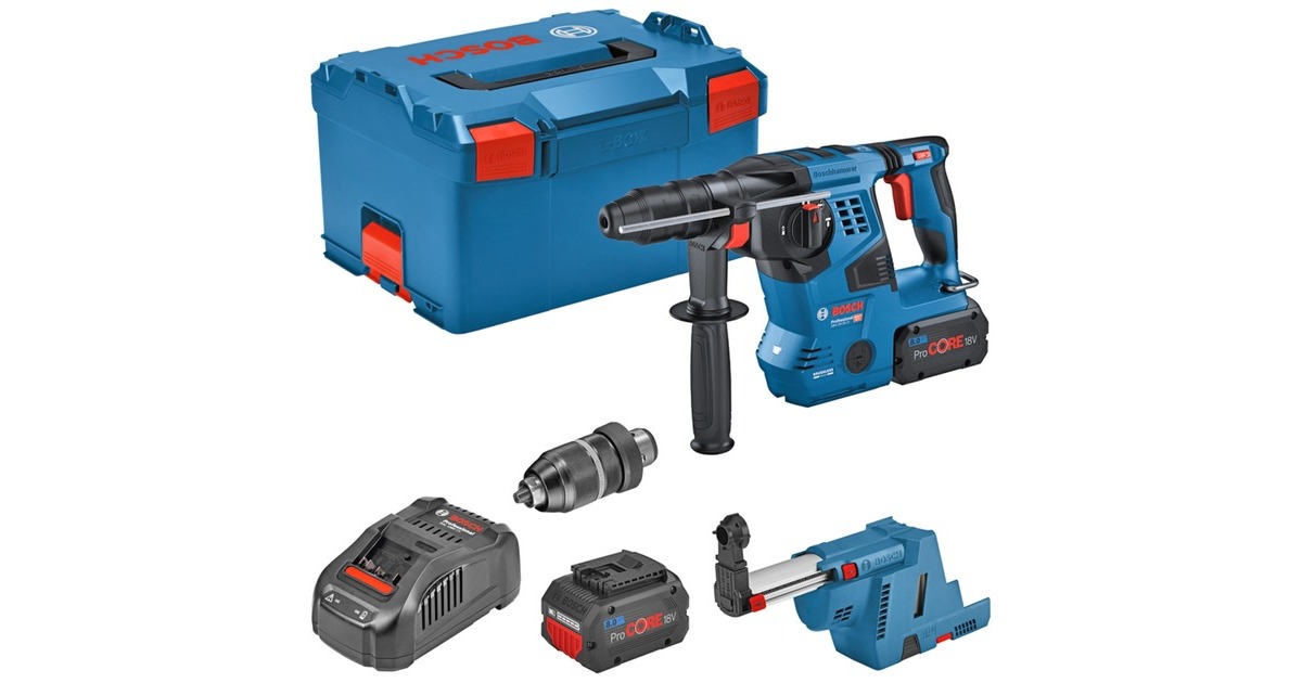 Bosch Akku-Bohrhammer GBH 18V-28 CF Professional, mit GDE 18V-16(blau/schwarz, 2x Akku ProCORE18V 8,0Ah, Bluetooth, in L-BOXX)