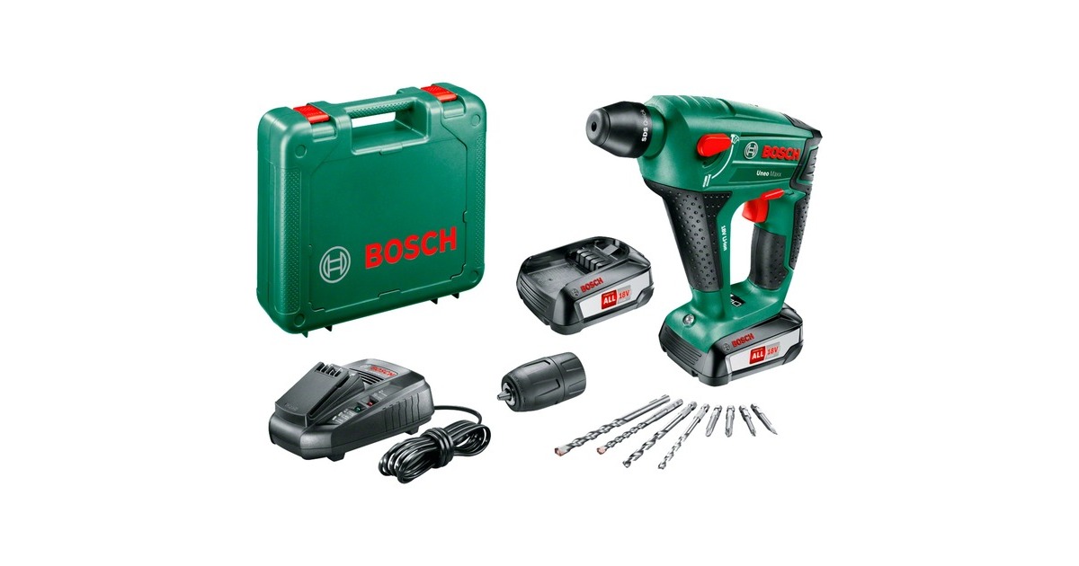 Bosch Akku-Bohrhammer Uneo Maxx, 18Volt(grün/schwarz, 2x Li-Ionen Akku 2,5Ah, im Koffer, POWER FOR ALL ALLIANCE)