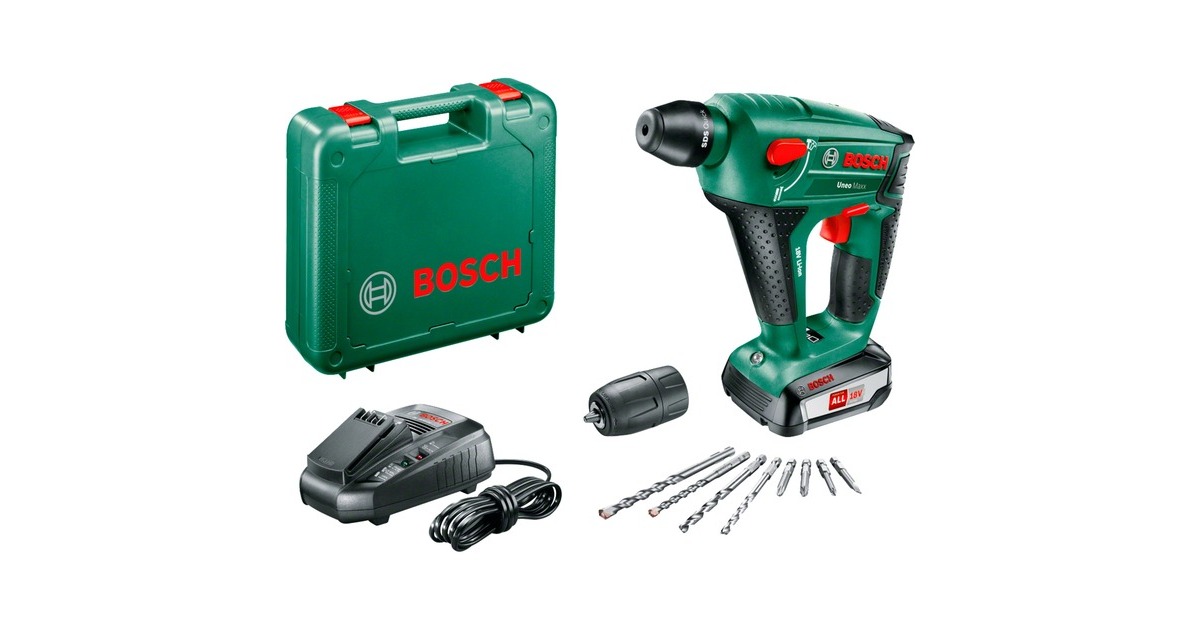 Bosch Akku-Bohrhammer Uneo Maxx, 18Volt(grün/schwarz, Li-Ion-Akku 2,5Ah, im Koffer, POWER FOR ALL ALLIANCE)
