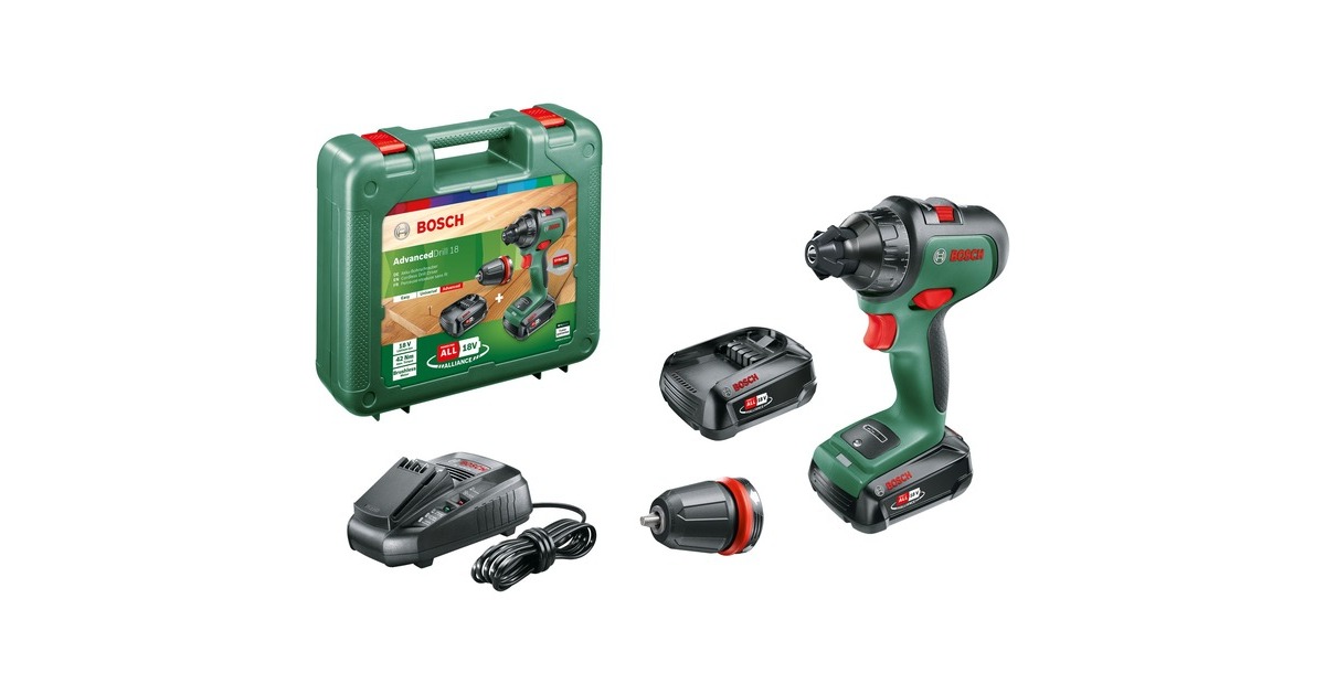 Bosch Akku-Bohrschrauber AdvancedDrill 18(grün/schwarz, 2x Li-Ionen Akku 2,5Ah, Koffer, POWER FOR ALL ALLIANCE)