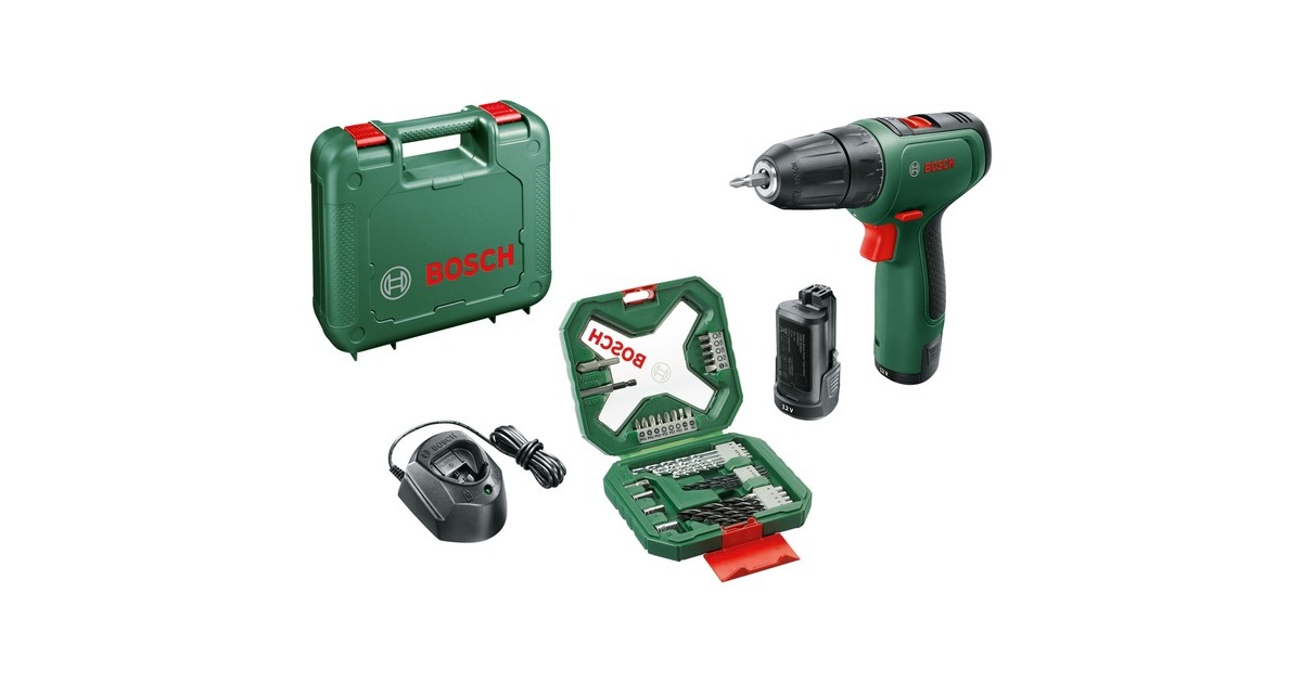 Bosch Akku-Bohrschrauber EasyDrill 1200 + 34-teiliges Bit- und Bohrer-Set(grün/schwarz, 2x Li-Ionen Akku 1,5Ah, Koffer)