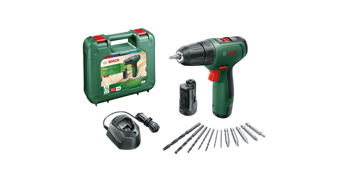 Bosch Akku-Bohrschrauber EasyDrill 1200 + Bit- und Bohrer-Set(grün/schwarz, 2x Li-Ionen Akku 1,5Ah, Koffer)