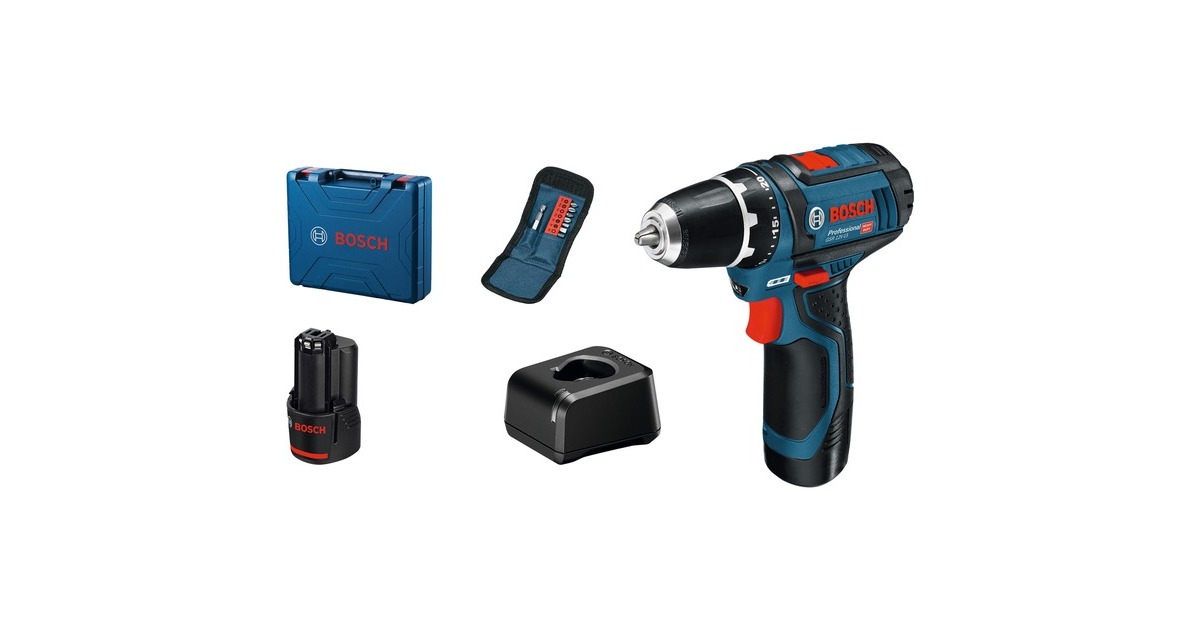 Bosch Akku-Bohrschrauber GSR 12V-15 Professional, 12Volt(blau/schwarz, 2x Li-Ionen Akku 2,0Ah, 10 Bits, Koffer)