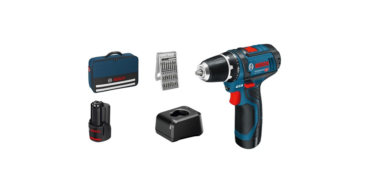 Bosch Akku-Bohrschrauber GSR 12V-15 Professional, 12Volt(blau/schwarz, 2x Li-Ionen Akku 2,0Ah, 25 Bits)