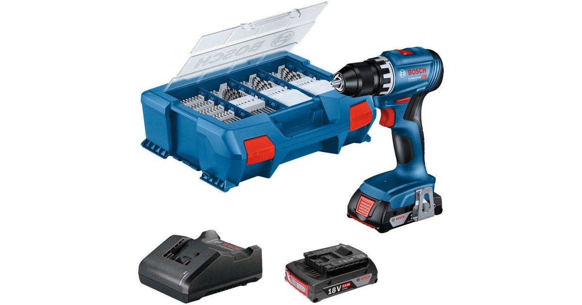 Bosch Akku-Bohrschrauber GSR 18V-45 Professional, 18Volt(blau/schwarz, 2x Li-Ionen Akku 2,0Ah, 82-teiliges Zubehör-Set, in L-Case)