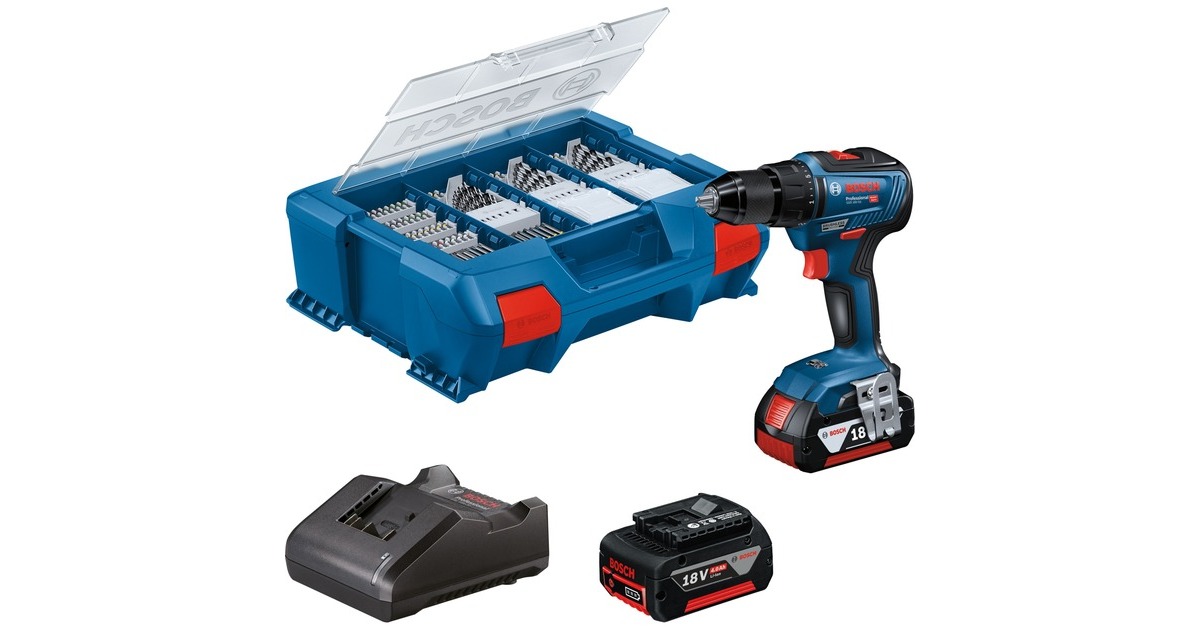 Bosch Akku-Bohrschrauber GSR 18V-55 Professional, 18Volt(blau/schwarz, 2x Li-Ion Akku 4,0Ah, L-Case Pick & Click, 82-teiliges Zubehör-Set)