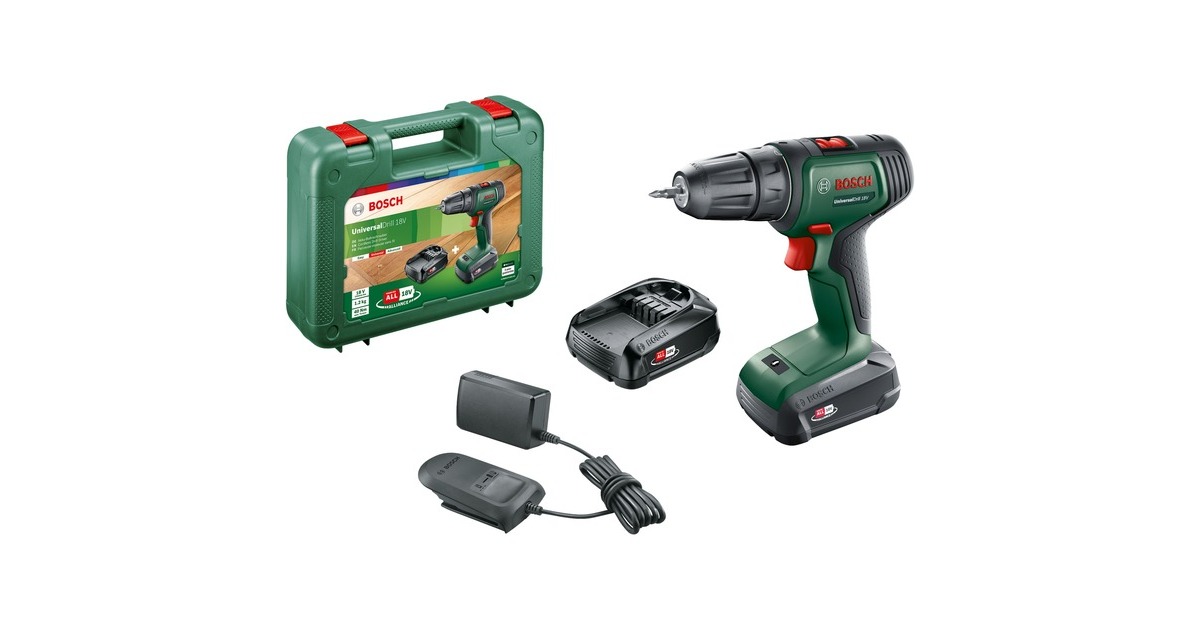 Bosch Akku-Bohrschrauber UniversalDrill 18V(grün/schwarz, 2x Li-Ionen Akku 1,5Ah, Koffer, POWER FOR ALL ALLIANCE)