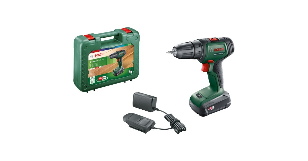 Bosch Akku-Bohrschrauber UniversalDrill 18V(grün/schwarz, Li-Ionen Akku 1,5Ah, Koffer, POWER FOR ALL ALLIANCE)