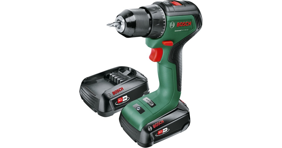 Bosch Akku-Bohrschrauber UniversalDrill 18V-60(grün/schwarz, 2x Li-Ionen Akku 2,0Ah, Koffer, POWER FOR ALL ALLIANCE)