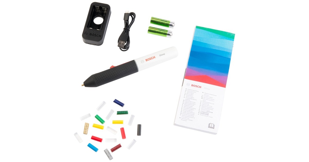 Bosch Akku-Heißklebestift Gluey Pen, Marshmallow, Heißklebepistole(weiß/schwarz, inkl. 20 Klebesticks)