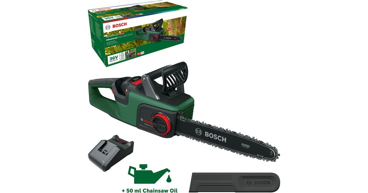 Bosch Akku-Kettensäge AdvancedChain 36V 35-40, 36Volt, Elektro-Kettensäge(grün/schwarz, Li-Ionen Akku 2,0Ah, POWER FOR ALL)