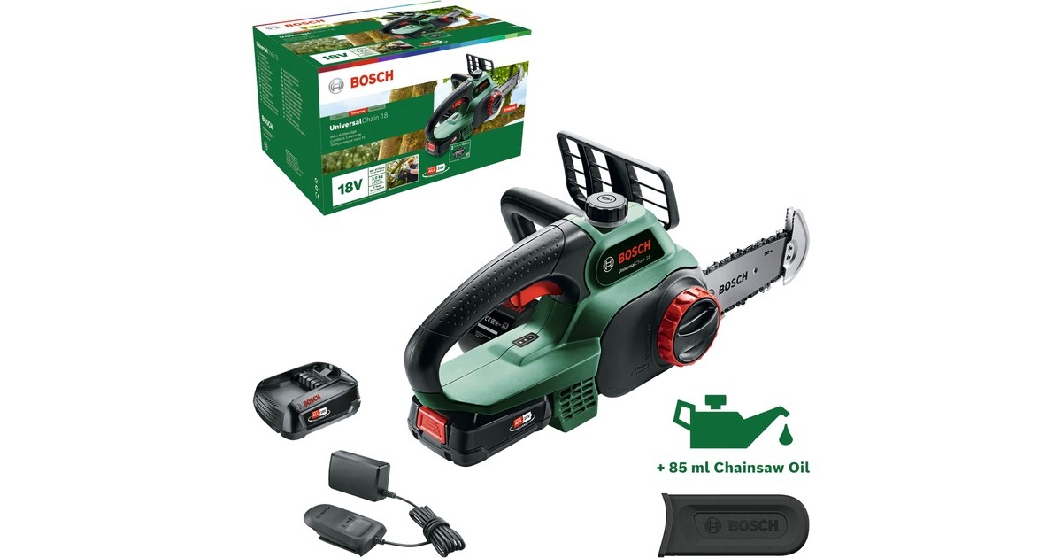 Bosch Akku-Kettensäge UniversalChain 18, 18Volt, Elektro-Kettensäge(grün/schwarz, Li-Ionen Akku 2,5Ah, POWER FOR ALL ALLIANCE)