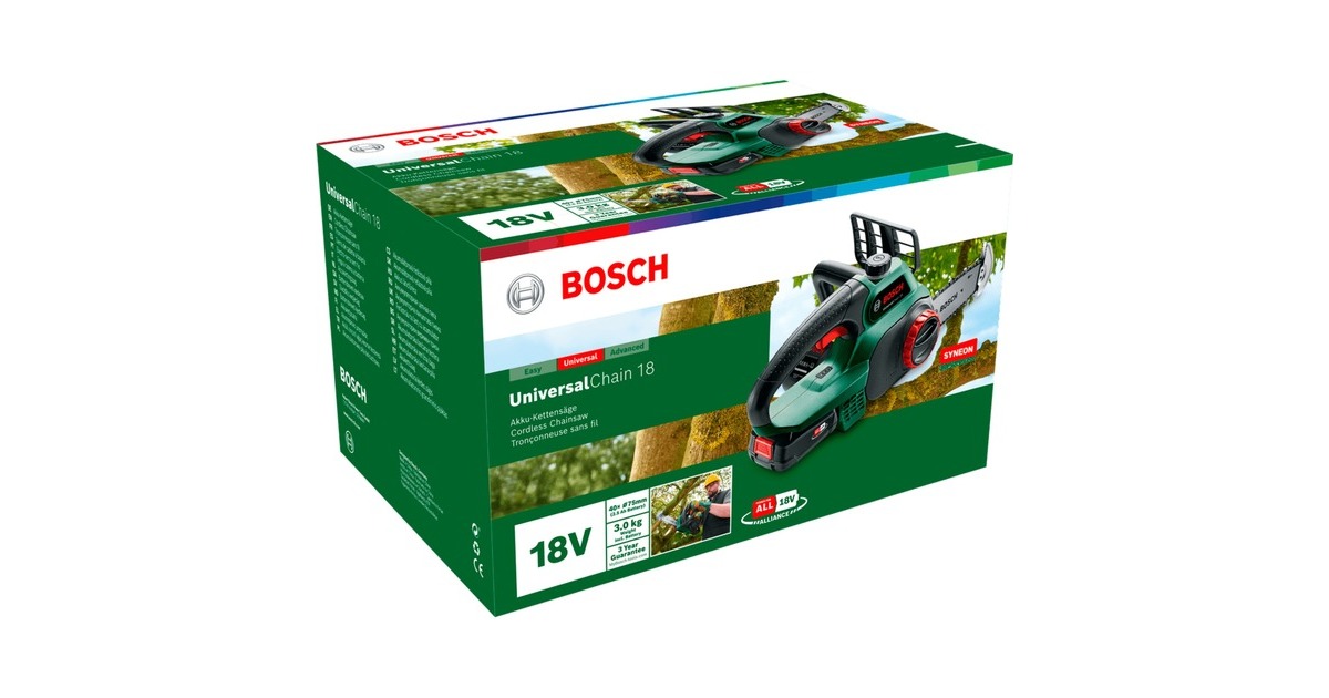 Bosch Akku-Kettensäge UniversalChain 18, 18Volt, Elektro-Kettensäge(grün/schwarz, Li-Ionen Akku 2,5Ah, POWER FOR ALL ALLIANCE)