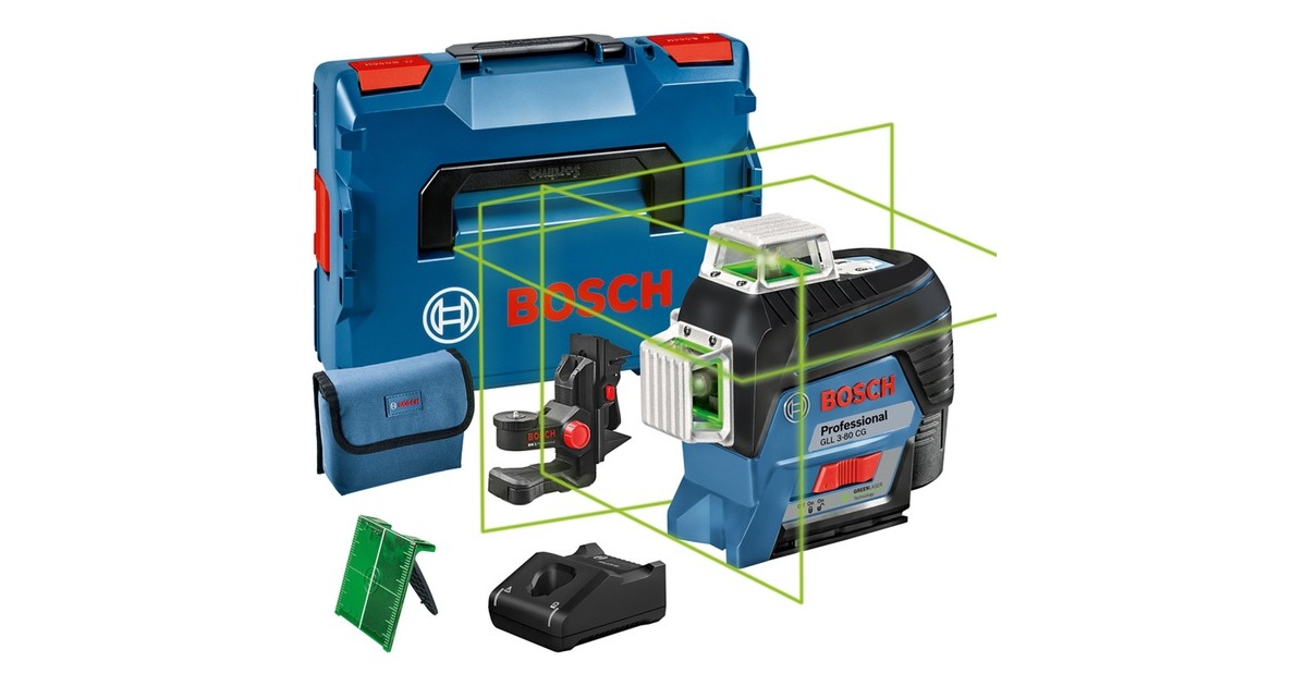 Bosch Akku-Linienlaser GLL 3-80 CG Professional, 12Volt, mit BM 1, Kreuzlinienlaser(blau/schwarz, Li-Ionen Akku 2Ah, in L-BOXX, grüne Laserlinien)