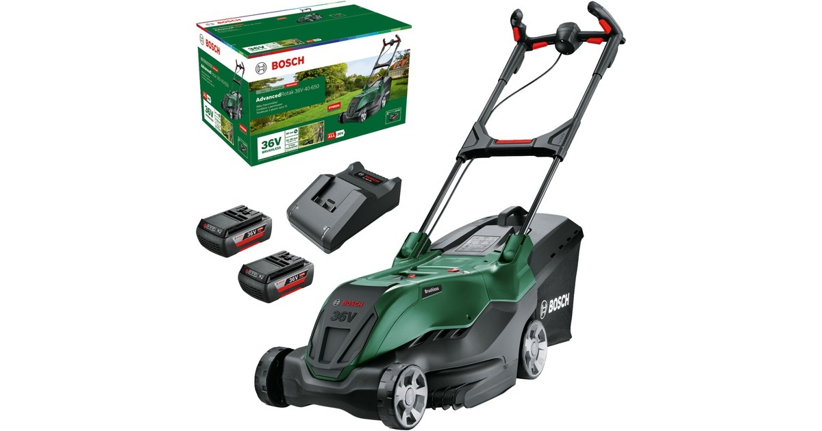 Bosch Akku-Rasenmäher AdvancedRotak 36V-40-650, 36Volt(grün/schwarz, 2x Li-Ionen Akku 2,0Ah, POWER FOR ALL)