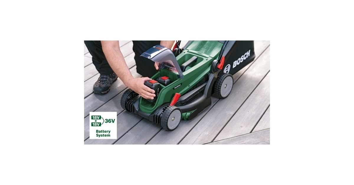 Bosch Akku-Rasenmäher UniversalRotak 2x18V-37-550, 36Volt (2x18V)(grün/schwarz, 2x Li-Ionen Akku 4,0Ah, POWER FOR ALL ALLIANCE)