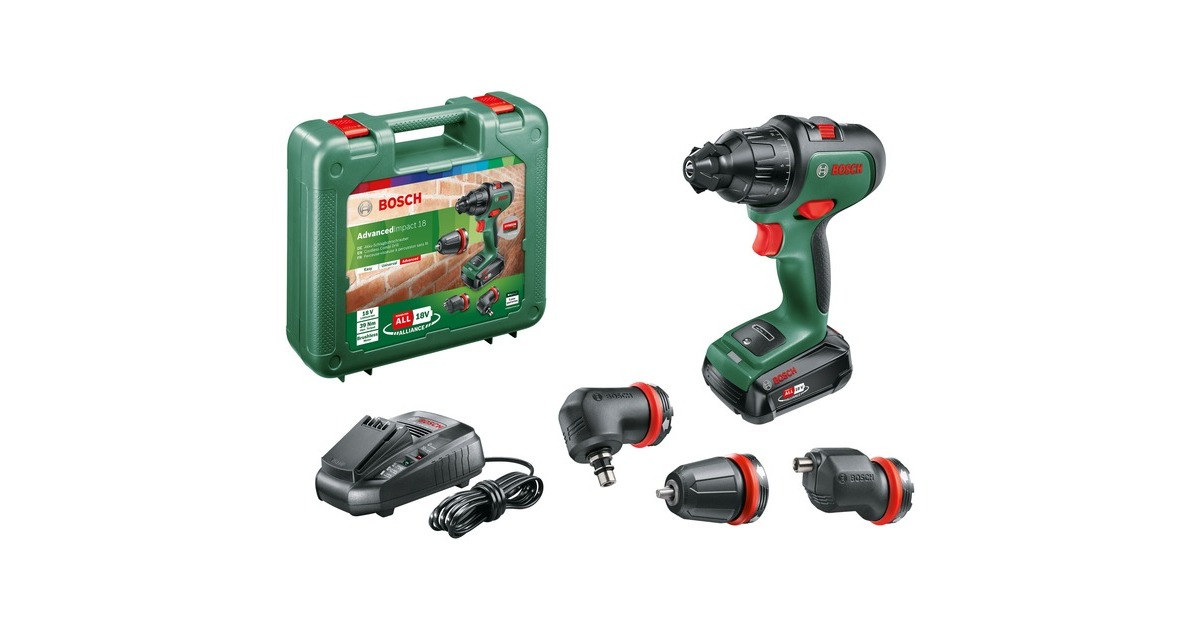 Bosch Akku-Schlagbohrschrauber AdvancedImpact 18, mit Aufsätzen(grün/schwarz, Li-Ionen Akku 2,5Ah, Koffer, POWER FOR ALL ALLIANCE)