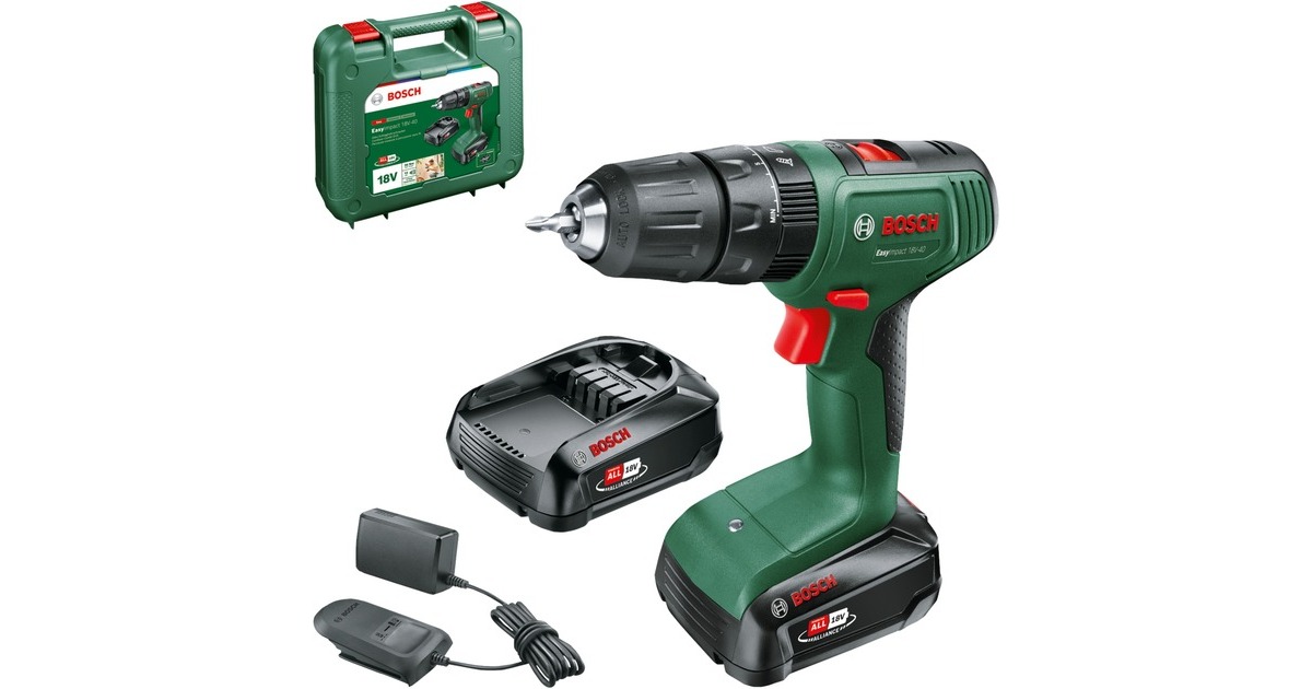 Bosch Akku-Schlagbohrschrauber EasyImpact 18V-40(grün/schwarz, 2x Li-Ionen Akku 1,5Ah, Koffer, POWER FOR ALL ALLIANCE)