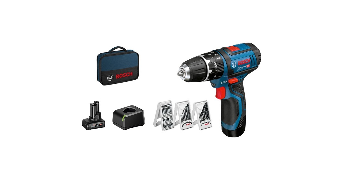Bosch Akku-Schlagbohrschrauber GSB 12V-15 Professional, 12 Volt(blau/schwarz, Li-Ionen Akku 2,0Ah, Li-Ionen Akku 4,0Ah, Bohrer- & Bit-Set)