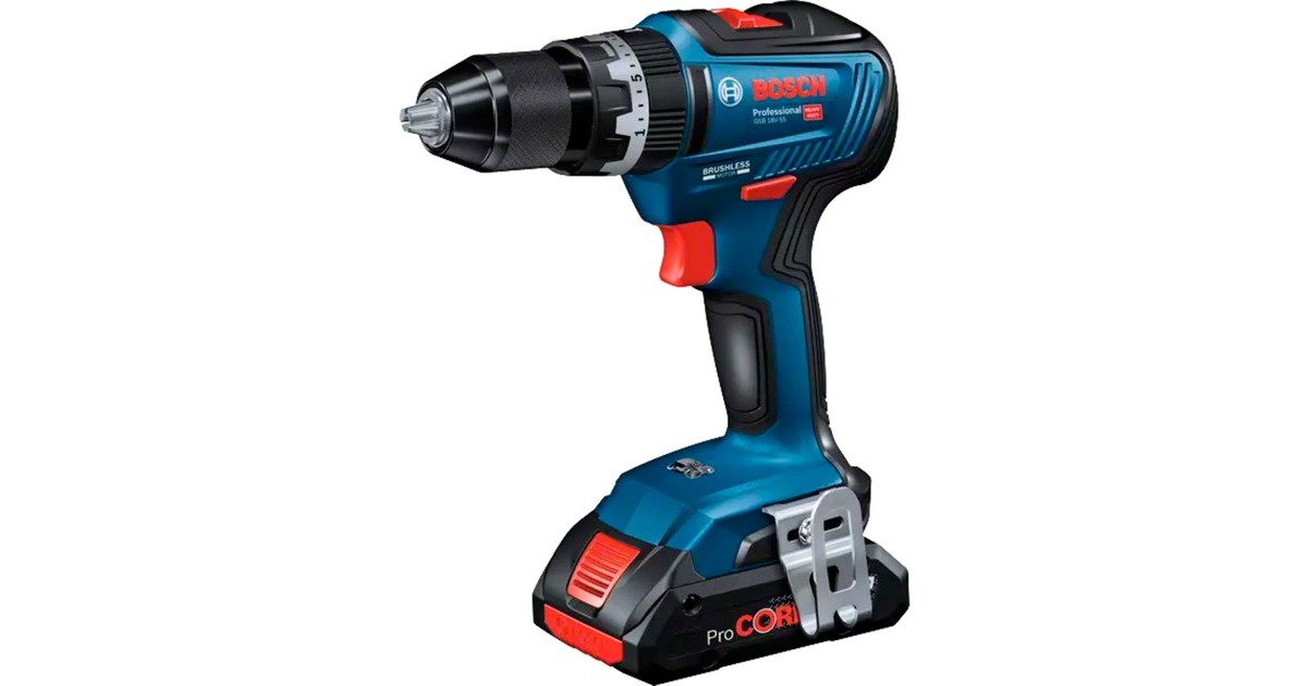 Bosch Akku-Schlagbohrschrauber GSB 18V-55 Professional, 18Volt, Schlagbohrmaschine(blau/schwarz, 2x Li-Ionen Akku 3,0Ah, in L-BOXX)