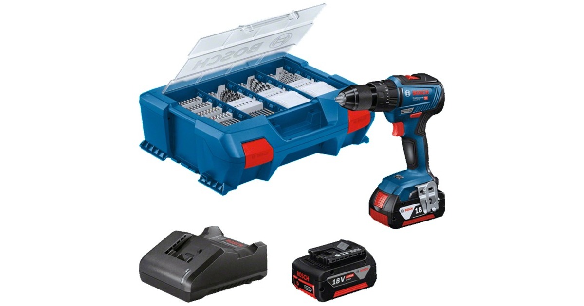 Bosch Akku-Schlagbohrschrauber GSB 18V-55 Professional, 18Volt + Zubehör, Schlagbohrmaschine(blau/schwarz, 2x Li-Ion Akku 4,0Ah, L-Case, 82-teiliges Zubehör)