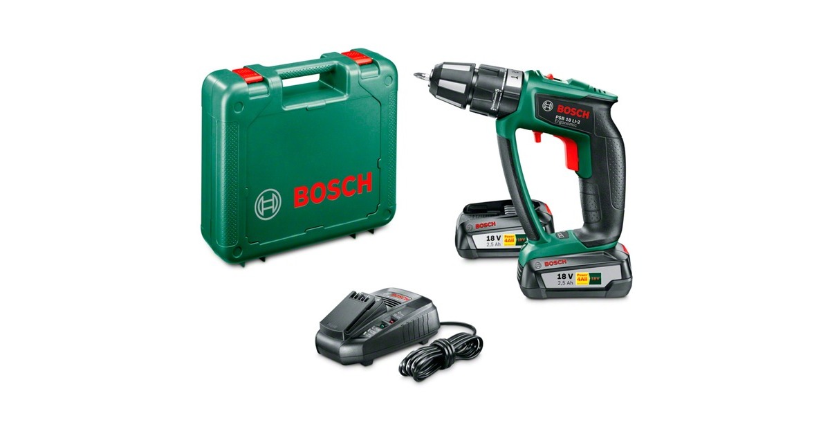 Bosch Akku-Schlagbohrschrauber PSB 18 LI-2 Ergonomic, 18Volt(grün/schwarz, 2x Li-Ionen Akku 2,5Ah, POWER FOR ALL ALLIANCE)