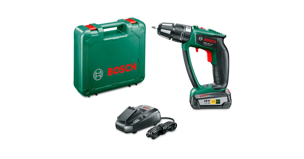Bosch Akku-Schlagbohrschrauber PSB 18 LI-2 Ergonomic, 18Volt, Schlagbohrmaschine(grün/schwarz, Li-Ionen Akku 2,5Ah, POWER FOR ALL ALLIANCE)