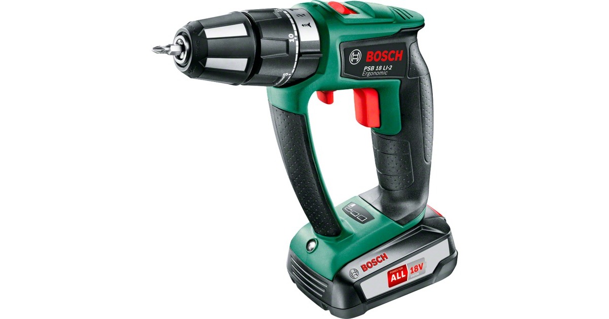 Bosch Akku-Schlagbohrschrauber PSB 18 LI-2 Ergonomic, 18Volt, Schlagbohrmaschine(grün/schwarz, Li-Ionen Akku 2,5Ah, POWER FOR ALL ALLIANCE)