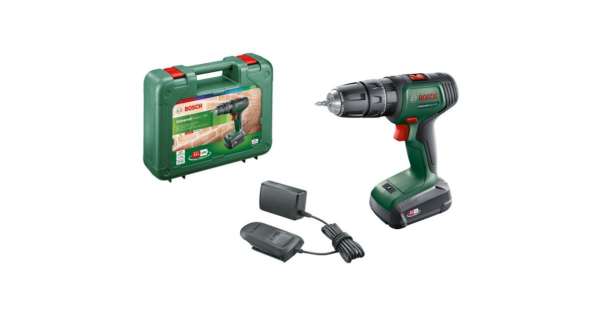 Bosch Akku-Schlagbohrschrauber UniversalImpact 18V(grün/schwarz, Li-Ionen Akku 1,5Ah, Koffer, POWER FOR ALL ALLIANCE)