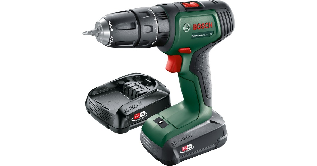 Bosch Akku-Schlagbohrschrauber UniversalImpact 18V(grün/schwarz, 2x Li-Ionen Akku 1,5Ah, Koffer, POWER FOR ALL ALLIANCE)