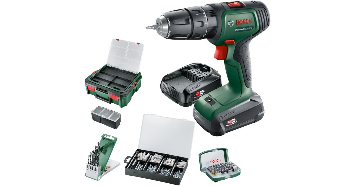 Bosch Akku-Schlagbohrschrauber UniversalImpact 18V + SystemBox(grün/schwarz, Li-Ionen Akku 1,5Ah + 2,5Ah, Koffer + 210-teiliges Zubehör, POWER FOR ALL ALLIANCE)