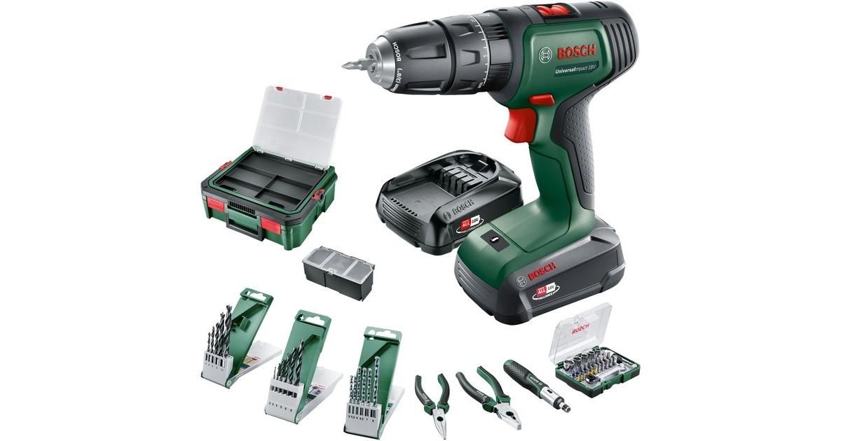 Bosch Akku-Schlagbohrschrauber UniversalImpact 18V + SystemBox(grün/schwarz, Li-Ionen Akku 1,5Ah + 2,5Ah, Koffer + 210-teiliges Zubehör, POWER FOR ALL ALLIANCE)