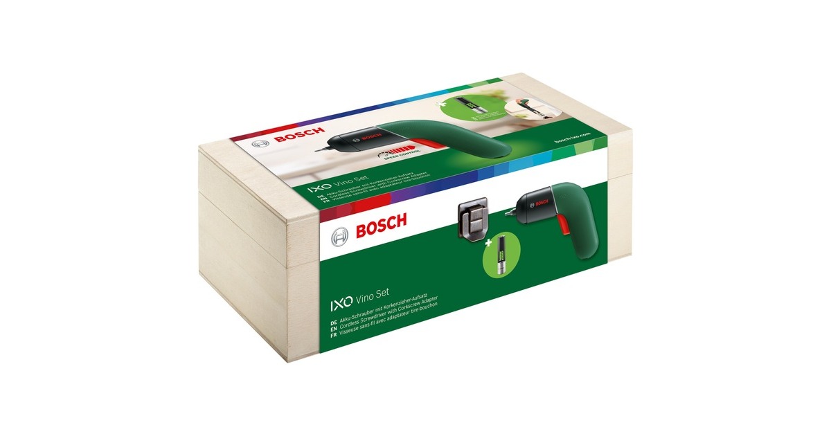 Bosch Akkuschrauber IXO 6, Vino-Set mit Korkenzieher(grün/schwarz, Li-Ionen Akku 3,6Volt 1,5Ah)