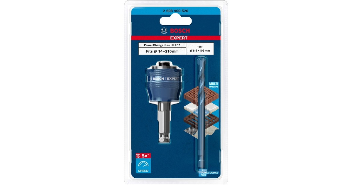 Bosch Expert Power Change Plus Adapter, Hex 11mm(blau, 2-teilig, mit TCT Zentrierbohrer Ø 8,5mm x105mm)