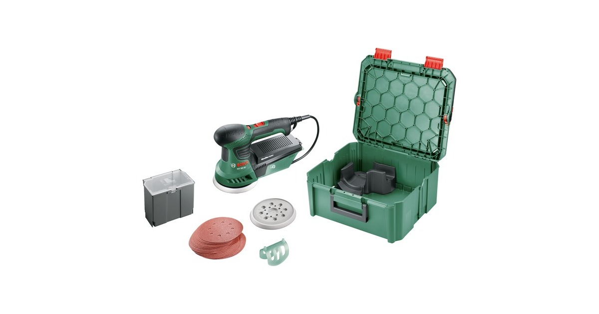 Bosch Exzenterschleifer PEX 300 AE + 30-teiliges Zubehör-Set(grün/schwarz, 270 Watt, SystemBox)