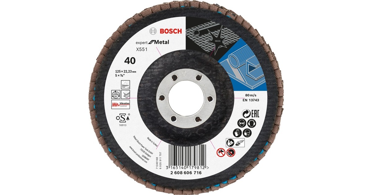 Bosch Fächerschleifscheibe X551 Expert for Metal, Ø 125mm, K40(Bohrung 22,23mm, abgewinkelt)