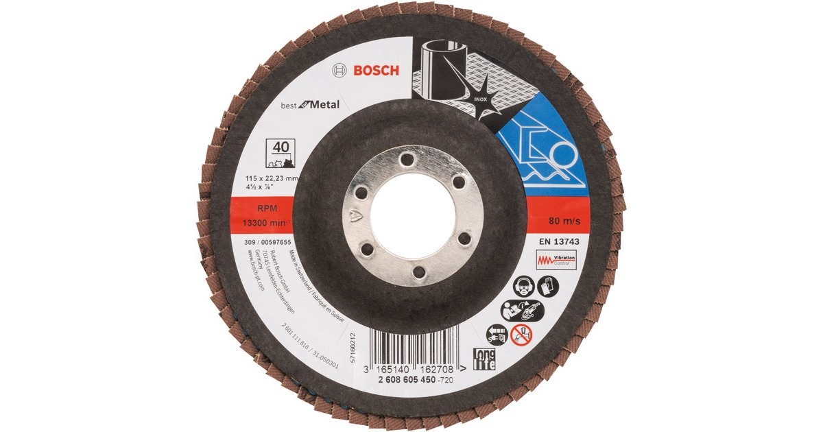 Bosch Fächerschleifscheibe X571 Best for Metal, Ø 115mm, K40(Bohrung 22,23mm, gerade)
