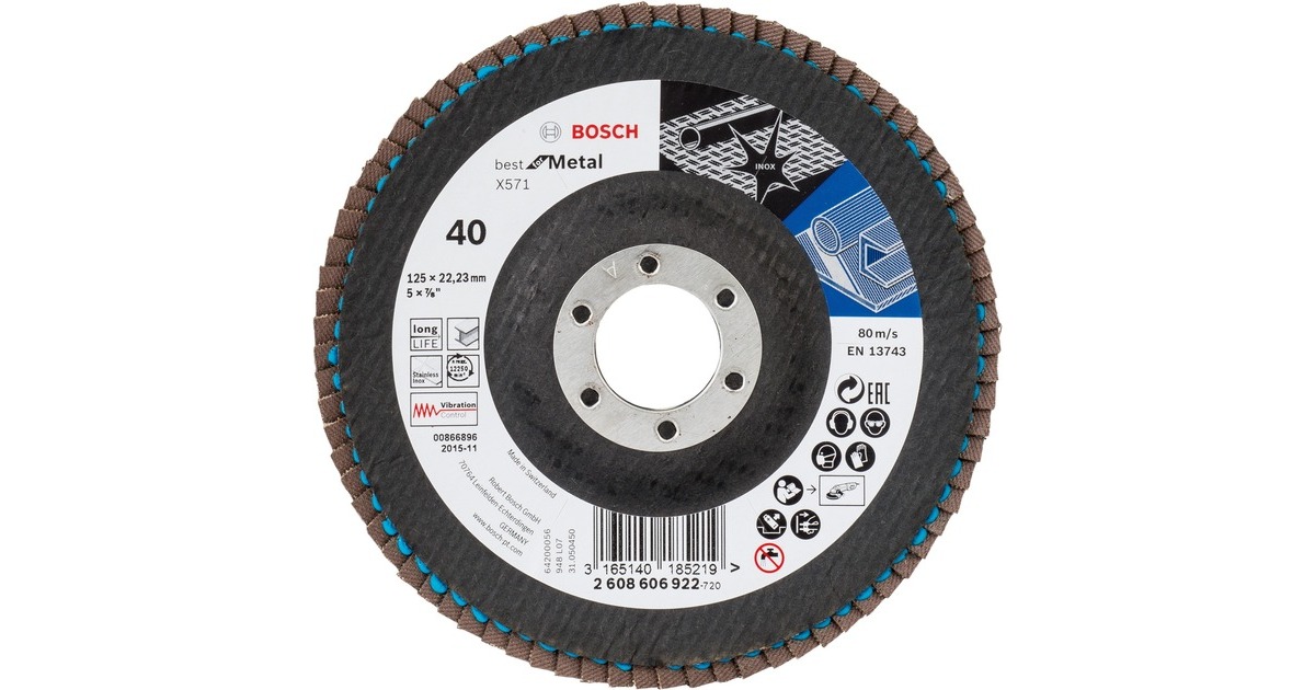 Bosch Fächerschleifscheibe X571 Best for Metal, Ø 125mm, K40(Bohrung 22,23mm, gerade)