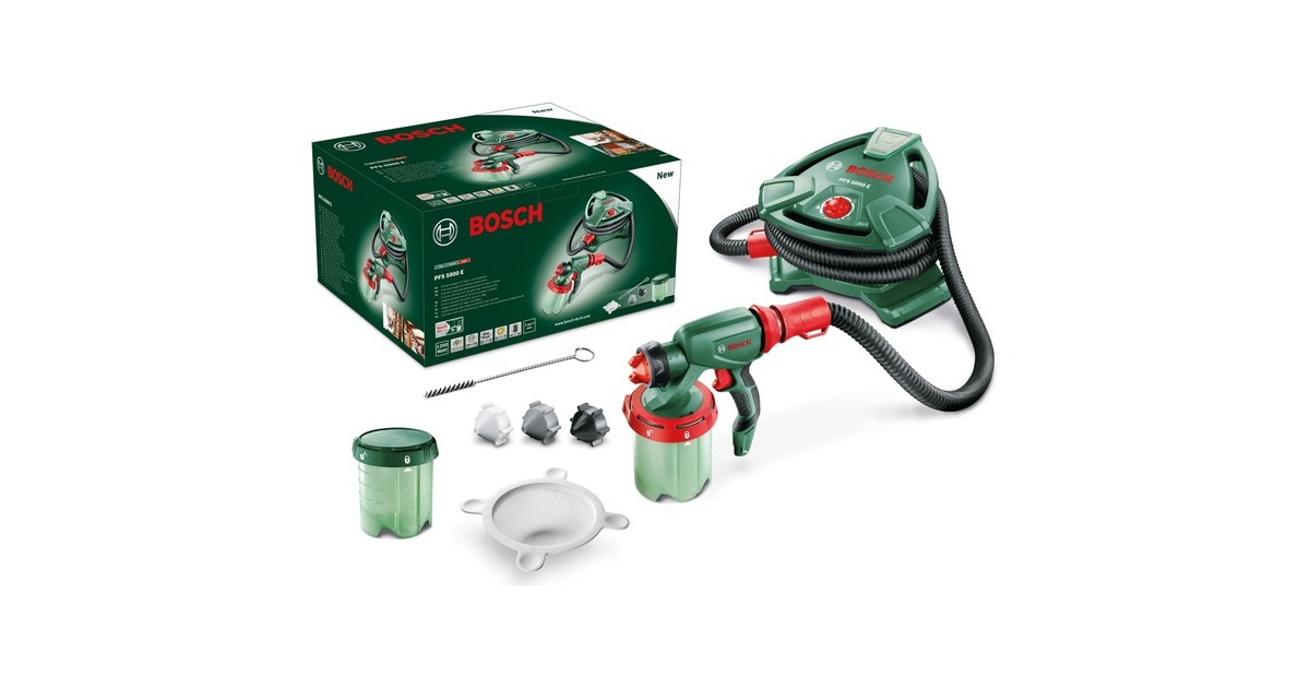 Bosch Farbsprühsystem PFS 5000 E, Sprühpistole(grün/schwarz, 1.200 Watt, Düse für Lackfarben + Düse für Wandfarbe)
