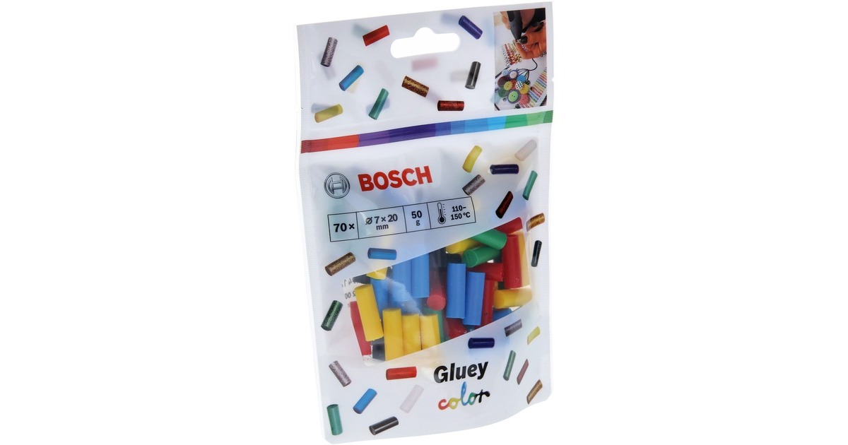 Bosch Gluey-Klebesticks, Farb-Mix, Ø 7mm x 20mm, Kleber(mehrfarbig, 70 Stück, für Gluey Pen)