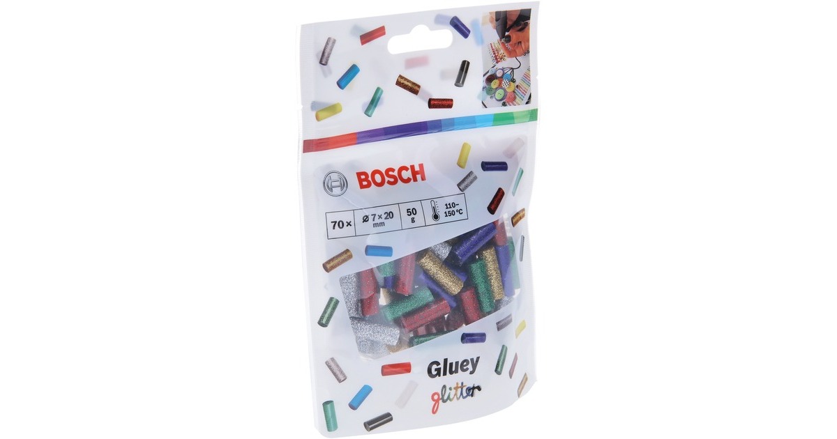 Bosch Gluey-Klebesticks, Glitzer-Mix, Ø 7mm x 20mm, Kleber(mehrfarbig, 70 Stück, für Gluey Pen)