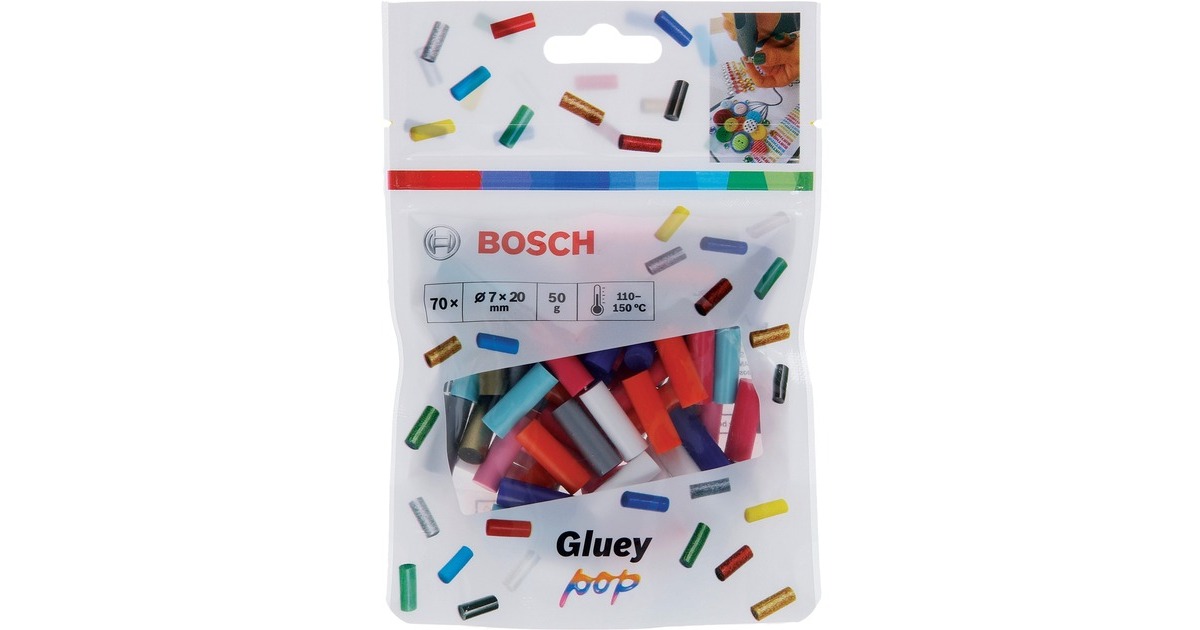 Bosch Gluey-Klebesticks, POP-Farb-Mix, Ø 7mm x 20mm, Kleber(mehrfarbig, 70 Stück, für Gluey Pen)