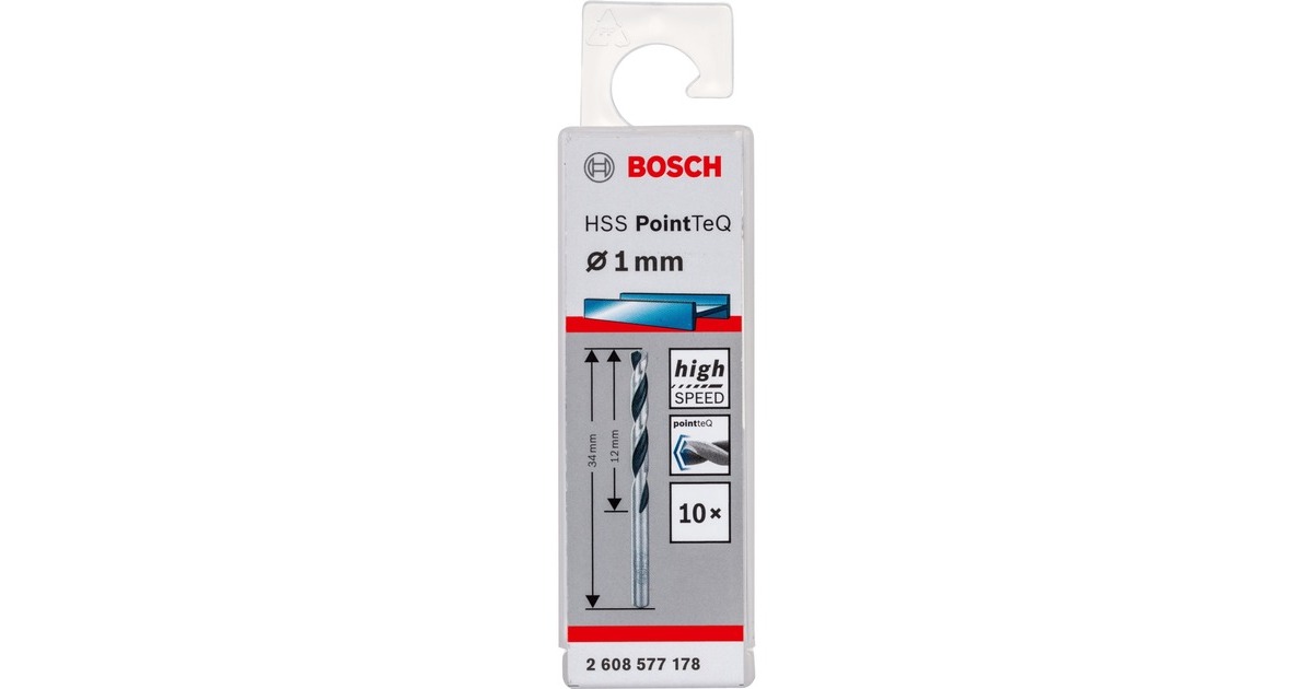Bosch HSS-Spiralbohrer PointTeQ, Ø 1mm x 34mm, 10 Stück(Arbeitslänge 12mm)
