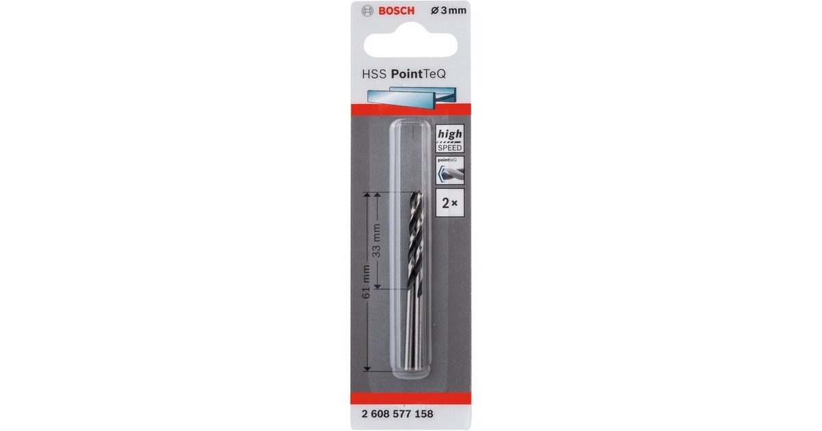 Bosch HSS-Spiralbohrer PointTeQ, Ø 3mm, 2 Stück(Arbeitslänge 33mm)