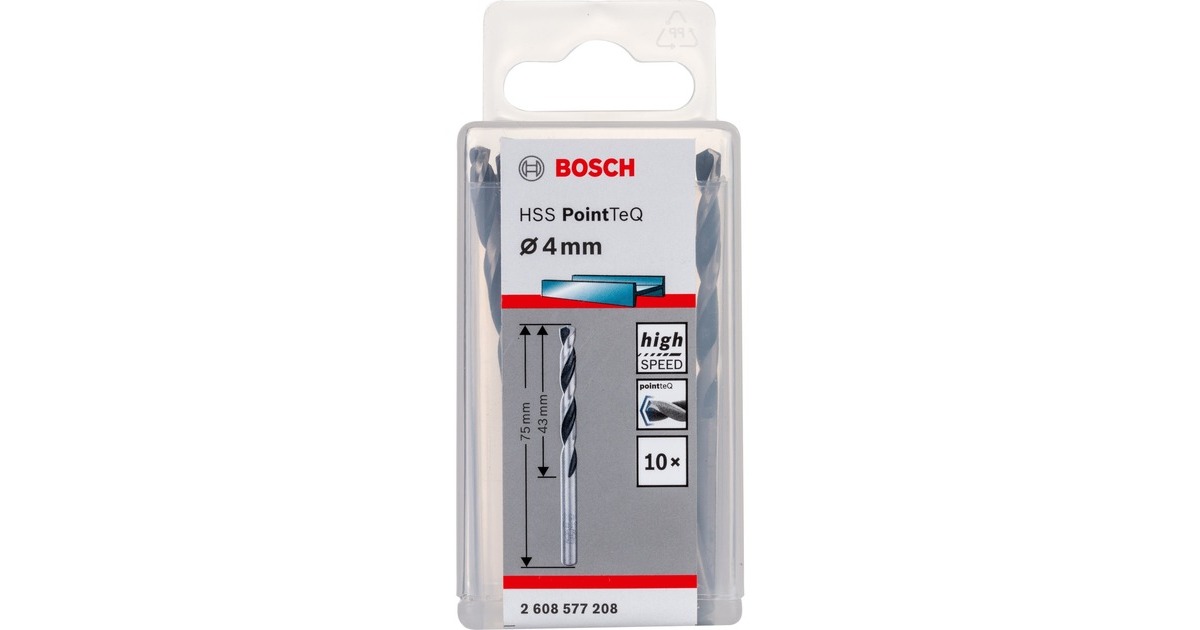 Bosch HSS-Spiralbohrer PointTeQ, Ø 4mm x 75mm, 10 Stück(Arbeitslänge 43mm)