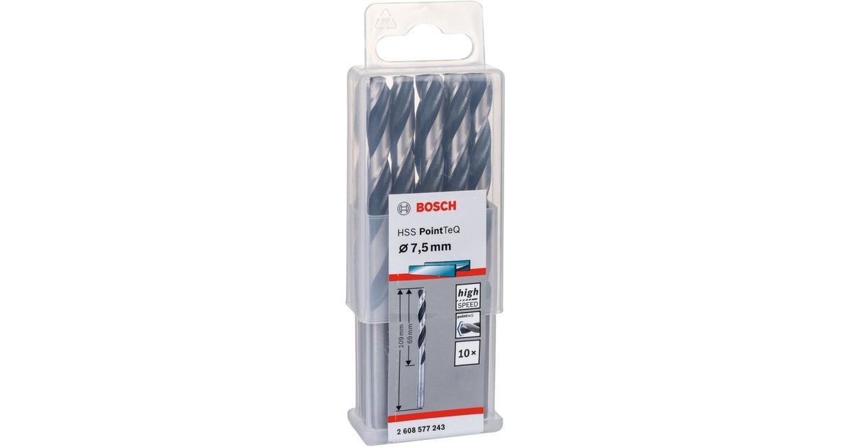 Bosch HSS-Spiralbohrer PointTeQ, Ø 7,5mm x 109mm, 10 Stück(Arbeitslänge 69mm)